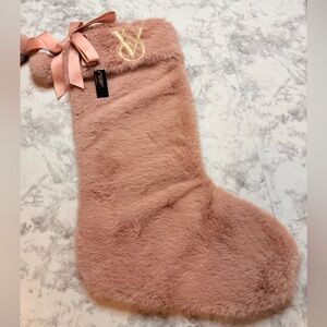 Victoria's Secret Blush Faux Fur Stocking with Gold Embroidery Plush Pom Pom NWT